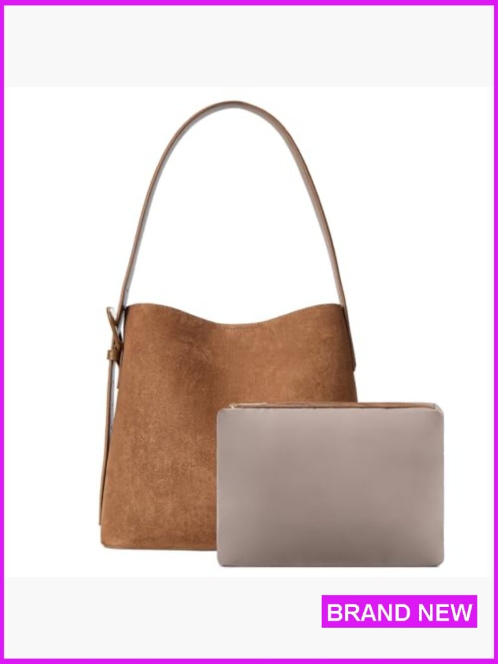 Vegan Suede Bucket Bag with Adjustable Strap and Detachable Pouch for Work - Picture 3 of 7